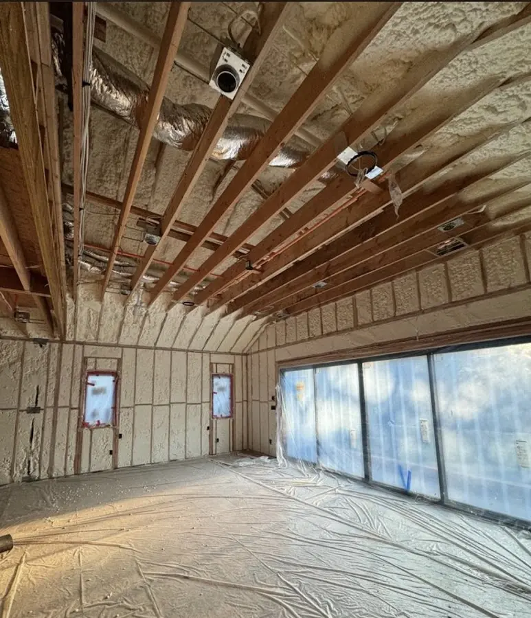 Interior walls and ceiling insulated with spray foam during new construction in Canyon Lake